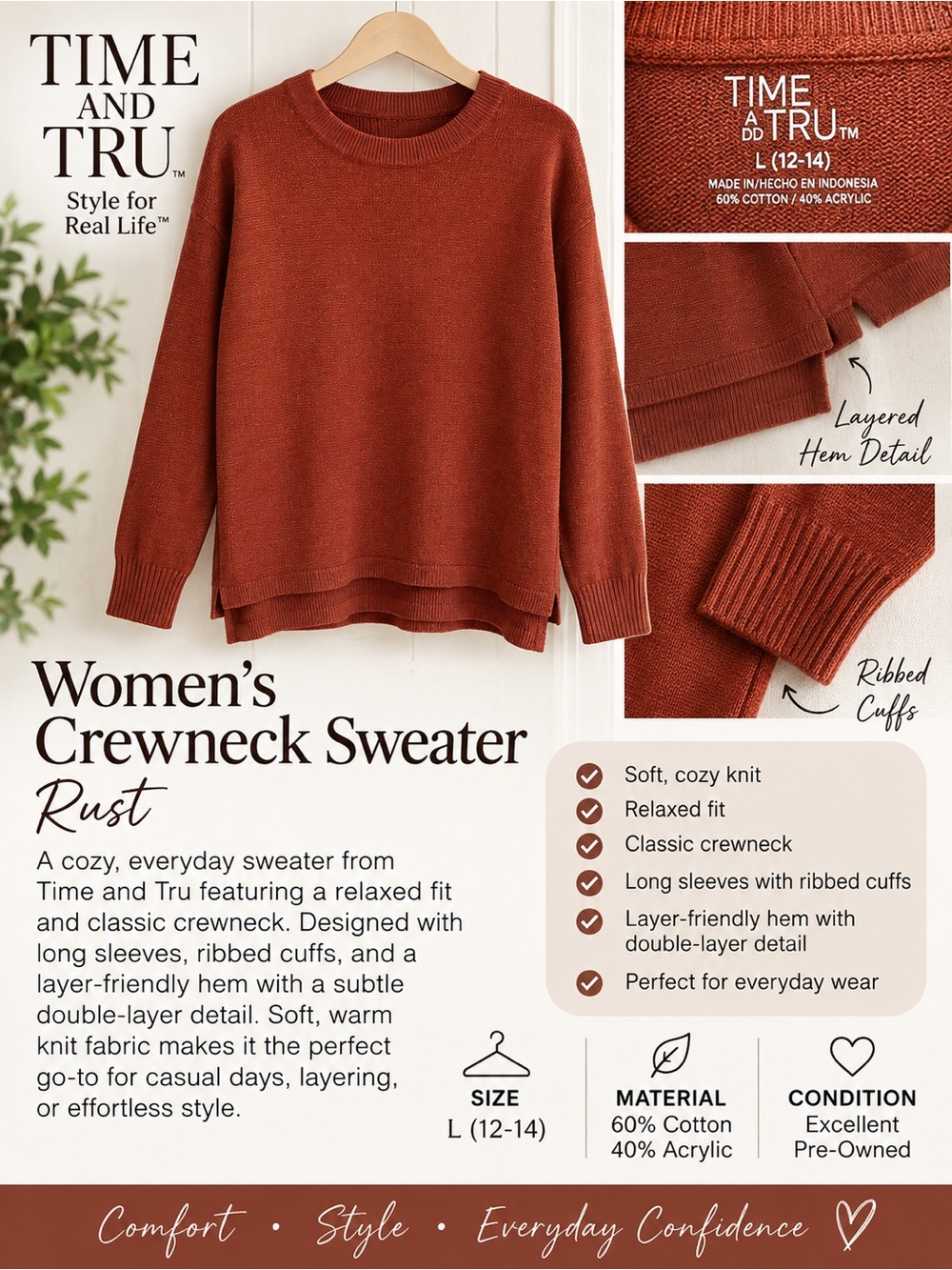 Time and Tru Women’s Rust Crewneck Sweater Size L 12-14